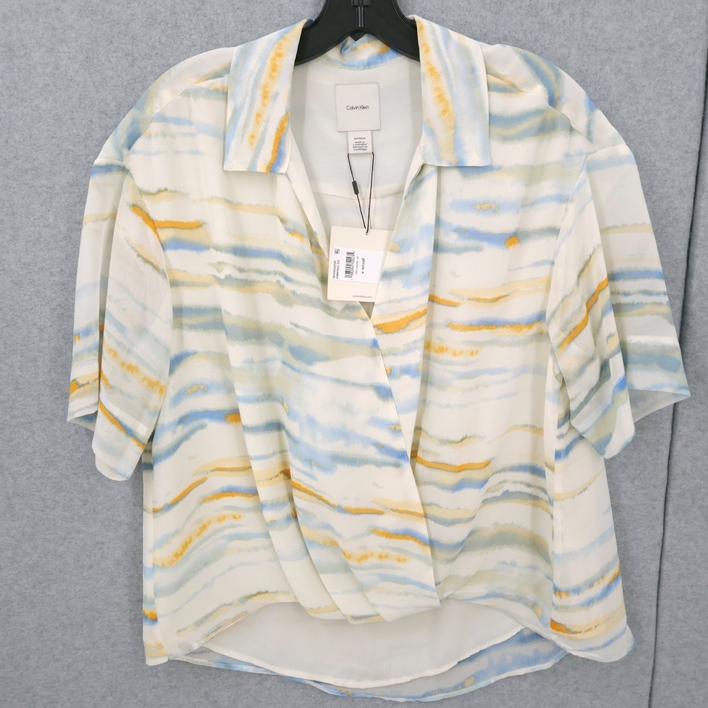 Calvin Klein Chiffon Printed Wrap V Neck Collared Half Sleeve Top Womens XS NWT